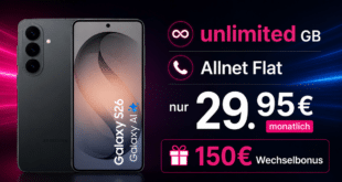 Samsung Galaxy S26 für einmalig 229 Euro mit Telekom unlimited Allnet Flat und 150€ Wechselbonus nur 29.95 Euro monatlich