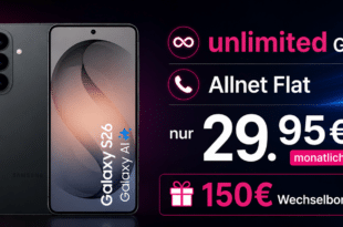 Samsung Galaxy S26 für einmalig 229 Euro mit Telekom unlimited Allnet Flat und 150€ Wechselbonus nur 29.95 Euro monatlich
