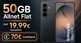 Samsung Galaxy S26 für einmalig 229 Euro mit 50GB Allnet Flat & 70€ Cashback nur 19.99 Euro monatlich