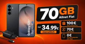 Samsung Galaxy S26+ (S26Plus) & Schnellladegerät für einmalig 149 Euro mit 70GB Allnet Flat und 100€ Wechselbonus und 70€ Cashback nur 34.99€ monatlich