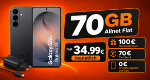 Samsung Galaxy S26+ (S26Plus) & Schnellladegerät für einmalig 149 Euro mit 70GB Allnet Flat und 100€ Wechselbonus und 70€ Cashback nur 34.99€ monatlich