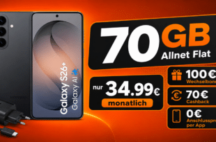 Samsung Galaxy S26+ (S26Plus) & Schnellladegerät für einmalig 149 Euro mit 70GB Allnet Flat und 100€ Wechselbonus und 70€ Cashback nur 34.99€ monatlich