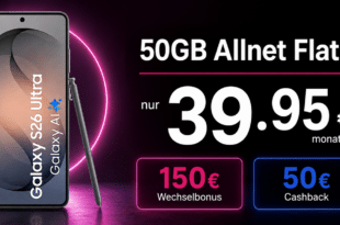Samsung Galaxy S26 Ultra für einmalig 199 Euro mit 50GB Allnet Flat und 150€ Wechselbonus und 50€ Cashback nur 39.95 Euro monatlich