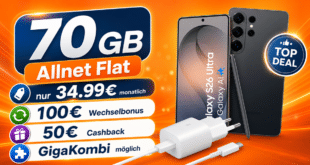 Samsung Galaxy S26 Ultra & Schnellladegerät für einmalig 279 Euro mit 70GB Allnet Flat und 100€ Wechselbonus und 50€ Cashback nur 34.99 Euro monatlich
