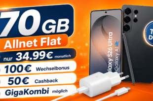 Samsung Galaxy S26 Ultra & Schnellladegerät für einmalig 279 Euro mit 70GB Allnet Flat und 100€ Wechselbonus und 50€ Cashback nur 34.99 Euro monatlich