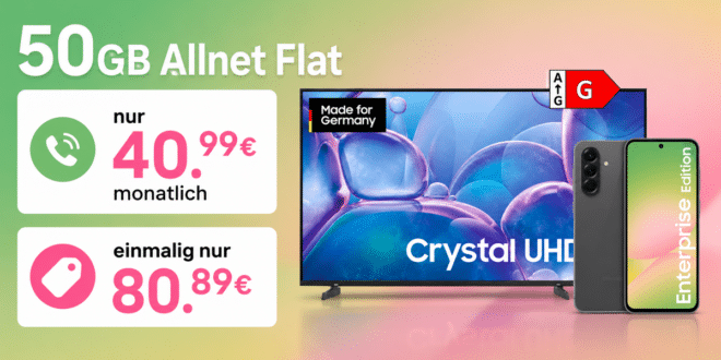 Samsung 55 Zoll UHD TV & Galaxy A56 EE mit 50GB Allnet Flat nur 40.99 Euro monatlich