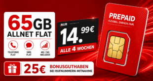 Vodafone Prepaid – 65GB Allnet Flat nur 14.99€ alle 4 Wochen – Kein Anschlusspreis