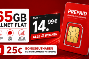 Vodafone Prepaid – 65GB Allnet Flat nur 14.99€ alle 4 Wochen – Kein Anschlusspreis