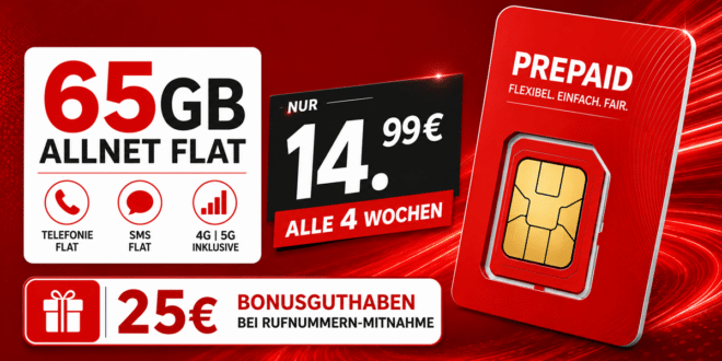 Vodafone Prepaid – 65GB Allnet Flat nur 14.99€ alle 4 Wochen – Kein Anschlusspreis