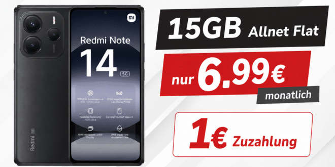 Xiaomi Redmi Note 14 5G mit 15GB Allnet Flat nur 6.99 Euro monatlich