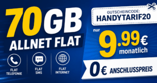Mit Gutscheincode 70GB Allnet Flat (statt 50GB) nur 9.99€ monatlich - 0€ Anschlusspreis