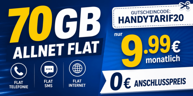 Mit Gutscheincode 70GB Allnet Flat (statt 50GB) nur 9.99€ monatlich - 0€ Anschlusspreis