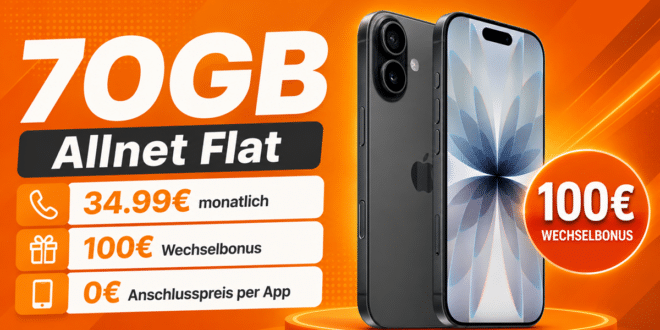 iPhone 17 für einmalig 239€ mit 70GB Allnet Flat und 100€ Wechselbonus nur 34.99€ monatlich