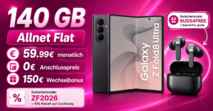 Samsung Galaxy Z Fold8 Ultra mit Gutscheincodes für einmalig 377.10€ und Buds4 Pro mit 140GB Allnet Flat & 150€ Wechselbonus nur 59.99€ monatlich