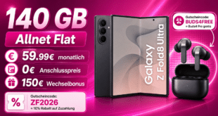 Samsung Galaxy Z Fold8 Ultra mit Gutscheincodes für einmalig 377.10€ und Buds4 Pro mit 140GB Allnet Flat & 150€ Wechselbonus nur 59.99€ monatlich
