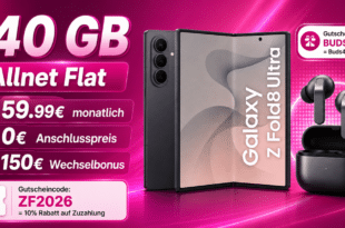 Samsung Galaxy Z Fold8 Ultra mit Gutscheincodes für einmalig 377.10€ und Buds4 Pro mit 140GB Allnet Flat & 150€ Wechselbonus nur 59.99€ monatlich