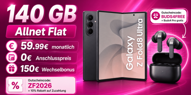 Samsung Galaxy Z Fold8 Ultra mit Gutscheincodes für einmalig 377.10€ und Buds4 Pro mit 140GB Allnet Flat & 150€ Wechselbonus nur 59.99€ monatlich