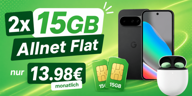 Google Pixel 10 & Pixel Buds Pro 2 für einmalig 29€ (Einsendung Altgerät) mit 2x 15GB Allnet Flat nur 13.98€ monatlich