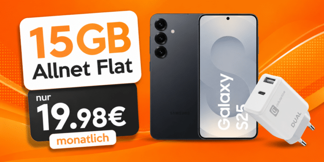 Samsung Galaxy S25 inkl. Cellular Line Dual Charger für einmalig 1€ (Einsendung Altgerät) mit 15GB Allnet Flat nur 19.98€ monatlich