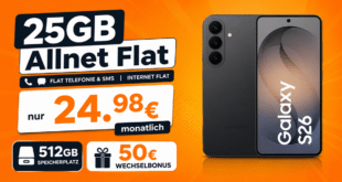 Samsung Galaxy S26 512GB für einmalig 99€ mit 25GB Allnet Flat und 50€ Wechselbonus nur 24.98€ monatlich