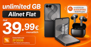 Samsung Galaxy Z Flip8 mit Gutscheincode für einmalig 125.10€ und Buds4 Pro mit o2 unlimited Allnet Flat nur 39.99€ monatlich