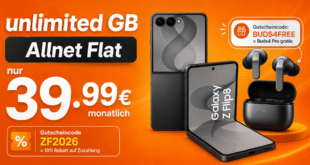 Samsung Galaxy Z Flip8 mit Gutscheincode für einmalig 125.10€ und Buds4 Pro mit o2 unlimited Allnet Flat nur 39.99€ monatlich