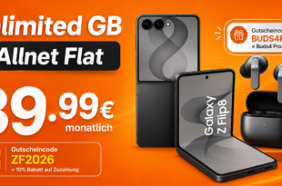 Samsung Galaxy Z Flip8 mit Gutscheincode für einmalig 125.10€ und Buds4 Pro mit o2 unlimited Allnet Flat nur 39.99€ monatlich