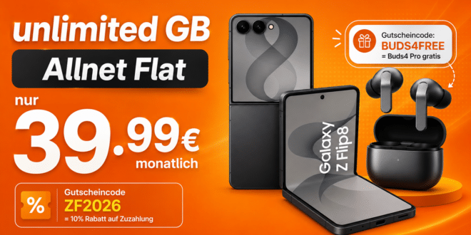 Samsung Galaxy Z Flip8 mit Gutscheincode für einmalig 125.10€ und Buds4 Pro mit o2 unlimited Allnet Flat nur 39.99€ monatlich