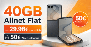 Samsung Galaxy Z Flip8 für einmalig 229€ (Einsendung Altgerät) mit 40GB Allnet Flat und 50€ Wechselbonus nur 29.98€ monatlich