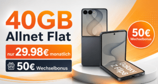Samsung Galaxy Z Flip8 für einmalig 229€ (Einsendung Altgerät) mit 40GB Allnet Flat und 50€ Wechselbonus nur 29.98€ monatlich