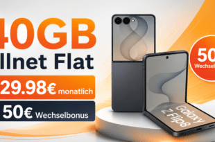 Samsung Galaxy Z Flip8 für einmalig 229€ (Einsendung Altgerät) mit 40GB Allnet Flat und 50€ Wechselbonus nur 29.98€ monatlich