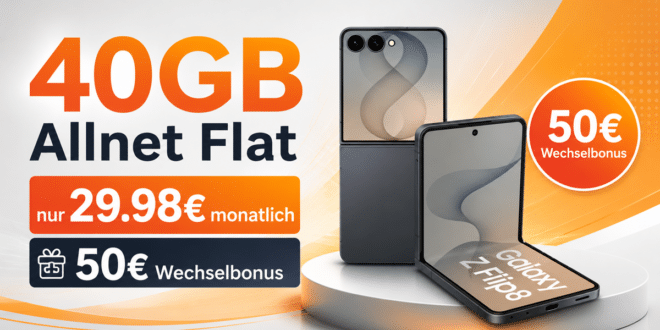 Samsung Galaxy Z Flip8 für einmalig 229€ (Einsendung Altgerät) mit 40GB Allnet Flat und 50€ Wechselbonus nur 29.98€ monatlich