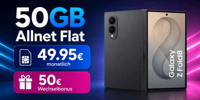 Samsung Galaxy Z Fold8 für einmalig 549€ (Einsendung Altgerät) mit 50GB Allnet Flat und 50€ Wechselbonus für 49.95€ monatlich