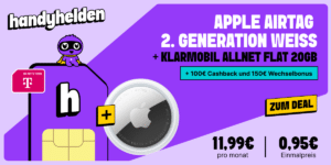 Apple AirTag (2. Gen.) mit 20GB Allnet Flat und 150€ Wechselbonus und 100€ Cashback nur 11.99€ monatlich