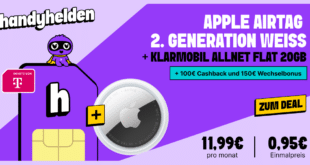 Apple AirTag (2. Gen.) mit 20GB Allnet Flat und 150€ Wechselbonus und 100€ Cashback nur 11.99€ monatlich