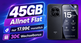 Xiaomi Redmi Note 15 Pro+ 5G für einmalig 44€ mit 45GB Allnet Flat & 30€ Wechselbonus nur 17.99€ monatlich