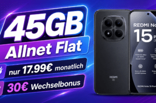 Xiaomi Redmi Note 15 Pro+ 5G für einmalig 44€ mit 45GB Allnet Flat & 30€ Wechselbonus nur 17.99€ monatlich