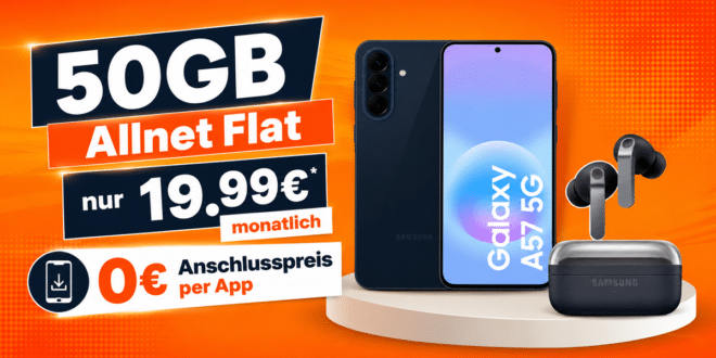 Samsung Galaxy A57 & Galaxy Buds 4 Pro für einmalig 69€ mit 50GB Allnet Flat nur 19.99€ monatlich