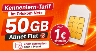 Testkarte - 50GB Allnet Flat einmalig nur 1€ - endet automatisch nach 1 Monat