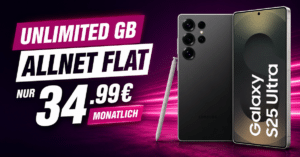 Samsung Galaxy S25 Ultra mit Gutscheincode für einmalig 5€ mit o2 unlimited GB Allnet Flatrate nur 34.99€ monatlich