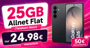 Samsung Galaxy S26 mit 25GB Allnet Flat und 50€ Wechselbonus nur 24.98€ monatlich