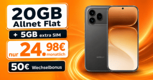 Honor 600 Pro für einmalig 99€ mit 20GB Allnet Flat (+5GB extra SIM) und 50€ Wechselbonus nur 24.98€ monatlich