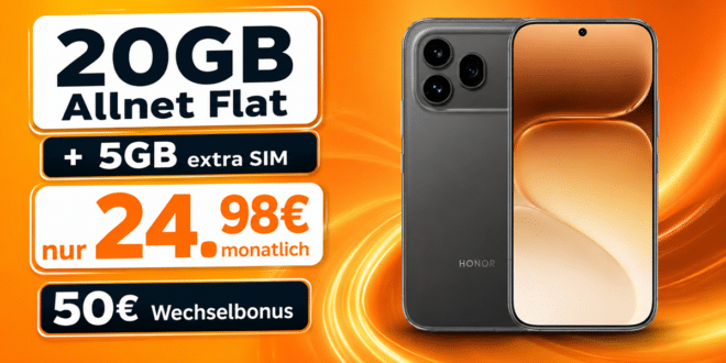 Honor 600 Pro für einmalig 99€ mit 20GB Allnet Flat (+5GB extra SIM) und 50€ Wechselbonus nur 24.98€ monatlich