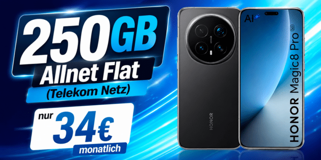 Honor Magic8 Pro für einmalig 89€ mit 250GB Allnet Flat nur 34€ monatlich