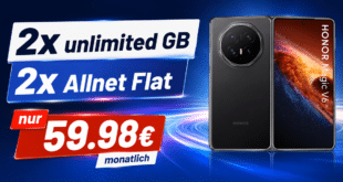 Honor Magic V6 mit o2 Vertrag - 512GB einmalig 499€ mit 2x unlimited Allnet Flat nur 59.98€ monatlich