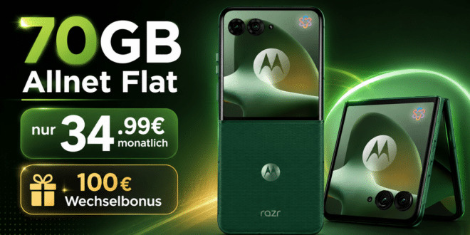 Motorola Razr 70 Plus mit Vertrag - einmalig 279€ mit 70GB Allnet Flat und 100€ Wechselbonus nur 34.99€ monatlich