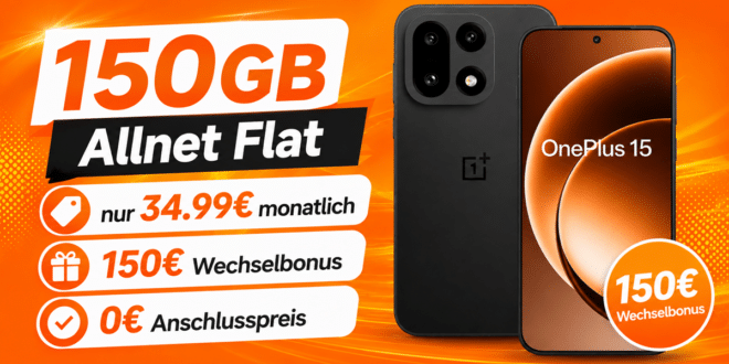 OnePlus 15 für einmalig 288€ mit 150GB Allnet Flat und 150€ Wechselbonus nur 34.99€ monatlich