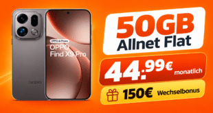 OPPO Find X9 Pro für einmalig 359€ mit 50GB Allnet Flat und 150€ Wechselbonus nur 44.99€ monatlich