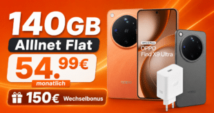 OPPO Find X9 Ultra & OPPO-Handyhülle & Schnellladegerät für einmalig 549€ mit 140GB Allnet Flat und 150€ Wechselbonus für 54.99€ monatlich