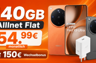 OPPO Find X9 Ultra & OPPO-Handyhülle & Schnellladegerät für einmalig 549€ mit 140GB Allnet Flat und 150€ Wechselbonus für 54.99€ monatlich
